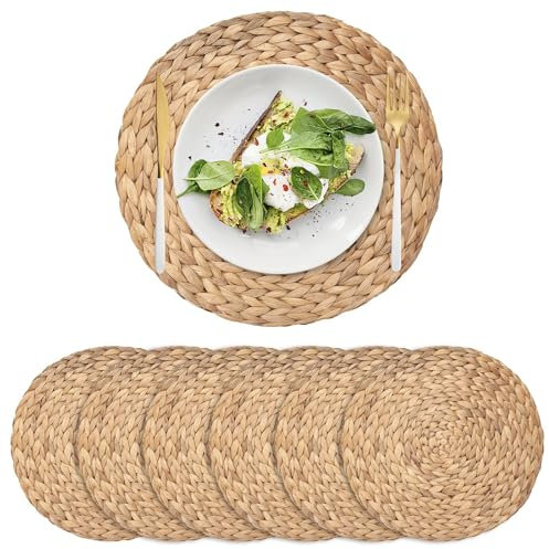 6 Pack Round Woven Placemats, Water Hyacinth Placemats, Natural Table Mats for Dining Table (35 cm)