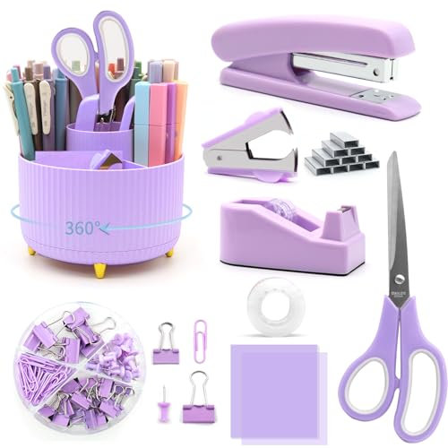 Accesorios de escritorio morados, juego de soporte giratorio para bolígrafos, suministros de oficina morados con grapadora morada y juego de dispensador de cinta, regalos para empleados de oficina
