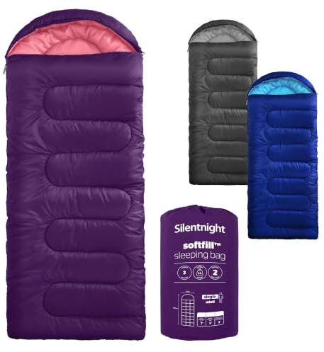 Silentnight Sleeping Bag for Adults - 3 Season Lightweight Soft Thick Cosy Warm Mummy Sleeping Bag for Spring Summer Camping Hiking Outdoor Travel for Warm and Cold Weather - Purple