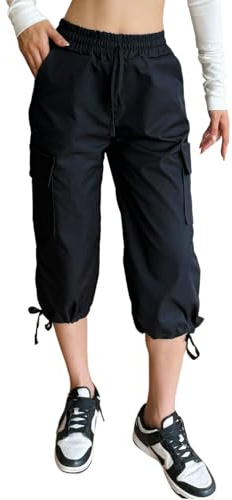 Nuofengkudu Verano Pantalones Piratas Mujer Cargo 6 Bolsillos Cintura Elastica Cordón Ajustable Puño Capri Pantalon Sólido Pull on Deporte Trabajo 3/4 Pantalón Cortos Trekking Moda Negro M