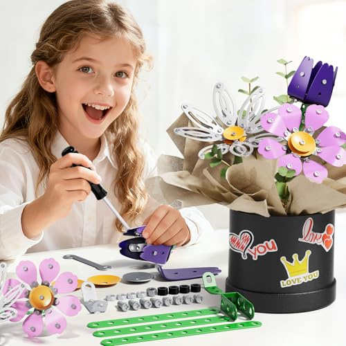 Novaluki Metal Flower Bouquet Kit, Flowers Garden Building Set Toys for Kids Ages 8-12, STEM Project Building Toy with Storage Box, Birthday for Girls 8 9 10 11 Years Old