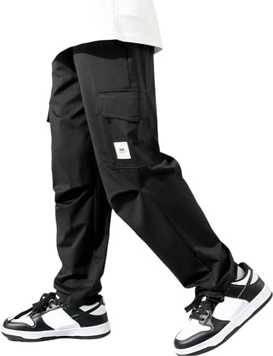 Rolanko Pantaloni Cargo da Ragazzo con Vita Elastica, Pantaloni da Jogging Sportivi Leggeri ad Asciugatura Rapida con Multitasche per Bambini, Nero, Taglia: 150/10-11 Anni