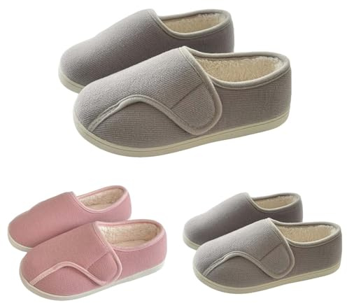 Generisch Pantoufles pour femmes à talon fermé pour diabétiques, cordon réglable, largeur ajustable, avec crochet et boucle, en mousse à mémoire de forme, pantoufles doublées, chaussons d’hiver, gris
