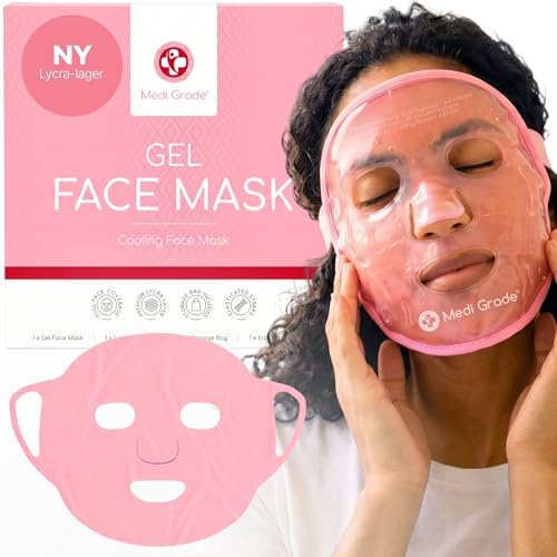 Medi Grade Ansiktsmask Gelmask med 1 Lycra Kylmask och Förvaringspåse, Rosa Set – Lugnar Mörka Ringar & Svullnad – Kylande Ansiktsmask för Avslappning och Återhämtning