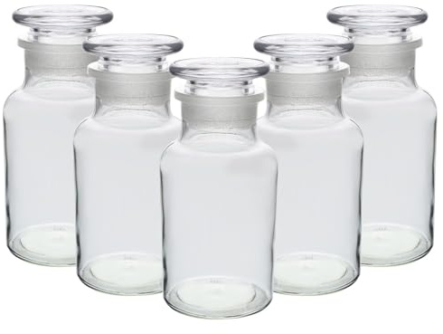 UNIQUE HOME LIVING UHL Apothecary Jar Set of 5 Reagent Bottles, 250ml Clear Glass Storage Jars with Lid, Vintage Reusable Container Refillable Bottles for Essential Oils, Bath Salts, Lotion, Perfume