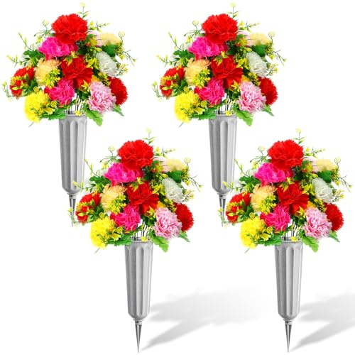 Tigeen 4 Sets Memorial Day Cemetery Flowers with Grave Vase Artificial Memorial Flower Bouquets Red Pink Yellow Silk Carnation Spring Floral Arrangement for Gravesites Headstone Outdoor Decor