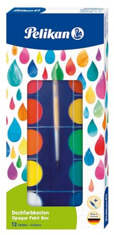 Pelikan, Set de Acuarelas para Pintar, 12 Colores Vibrantes, Pincel y Témpera Blanca Incluidos, No Tóxicas