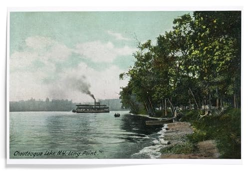 Lantern Press 12x18 Inch Art Print, Home Decor, Chautauqua Lake, New York, Long Point View of Steamer