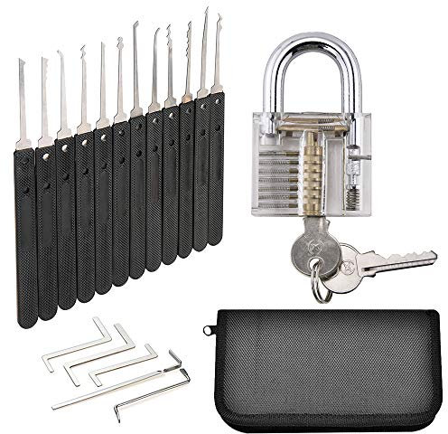 Loboo Idea Kit de crochetage de serrure 17 pièces avec 5 outils de carte de crédit et serrure d'entraînement, outil d'extraction de clé et cadenas transparent d'exercice pour serrurier