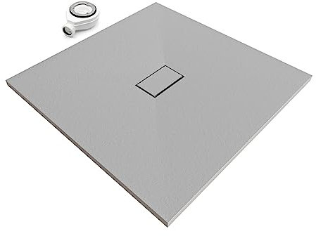 Moments of Glass Plato de ducha SMC Boreal 100x100 cm, Gris RAL 7030 – Antiderrapante, Textura Pizarra, Antibacteriano, Resistente a agentes químicos – Incluye válvula y rejilla