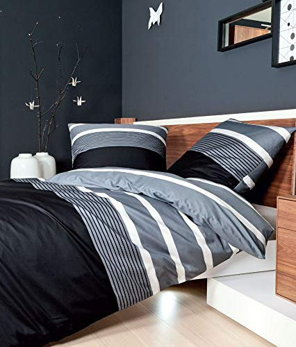 Janine Mako-Satin Bettwäsche J. D. 8468 Bettwäsche Bettlaken Kissenbezug Bezug Kopfkissenbezug Bettbezug Baumwollbezug Baumwolbettwäsche Schlafzimmer schwarz-Silber 155x220+40x80