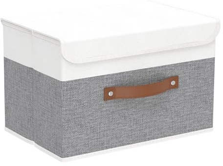 Yawinhe Storage Boxes with Lids, Linen Fabric Bin, Cube Organizer Basket, Washable and Leather Handle, for Home, Closet, White/Grey, 15.0''Lx9.8''Wx9.8''H, 1-Pack, USNK024WGL-1
