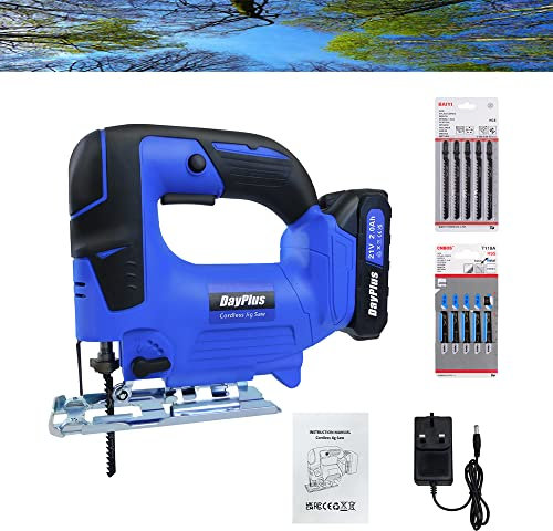 340W Powerful Cordless Jigsaw Tool Set, Cordless Jigsaw with 2.0AH Battery & Charger, Lightweight & Portable Jigsaw for Wood Metal Cutting, Angle Cut ± 45 °, 4 Orbital Position Settings, 10pcs Blades