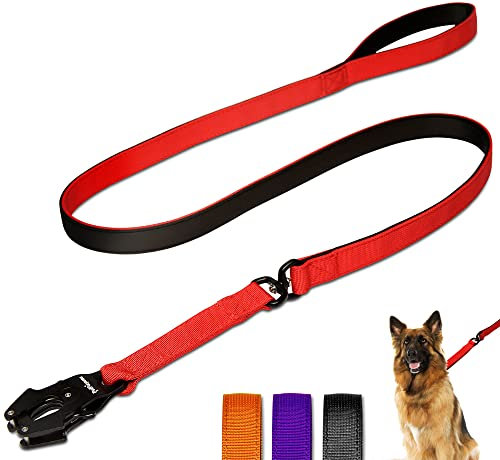 PetPurpose Taktische Hundeleine für Training, Wandern, Laufen und Outdoor-Aktivitäten mit gepolstertem Neopren-Griff, robuster Frosch-Clip und verwicklungsfreier Rotation, 1,5 m (rot)