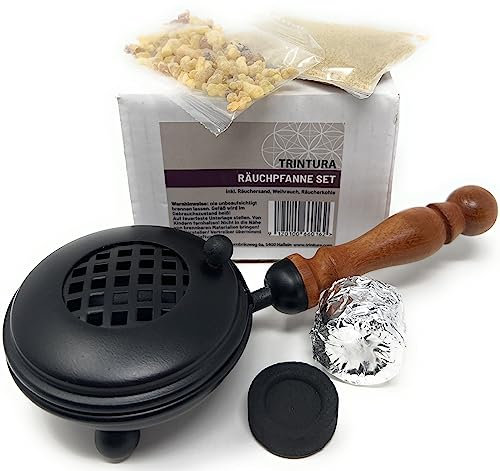 TRINTURA Räucherpfanne Set 6 teilig - Räuchergefäß zum Räuchern von Weihrauch, Harzen, inkl. Weihrauch, Räucherkohle, Räuchersand, Räucherzange (Set 4tlg schwarz)