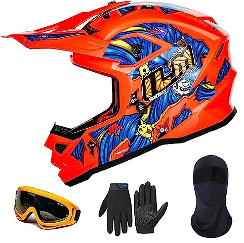 ILM Casco Motocross Bambino Set con occhiali guanti maschera ATV Off Road Go Kart DOT ECE Modello Z705,Fantasy Orange,M