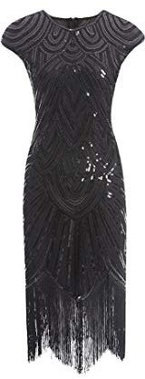 MIMIKRY 20er Jahre Charleston Kleid Pailletten Fransen Flapper Gatsby 20's Fransenkleid Damen-Kostüm, Farbe:Schwarz/Schwarz, Größe:XS