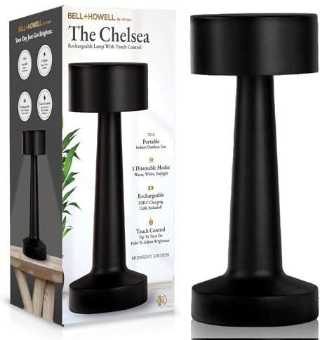 Bell+Howell Elegant Cordless Table Lamp, LED Wireless Lamp for Bedroom, Wireless Lamps for Tables Cordless Table Lamps, Rechargeable Lamp for Desk, Kitchen, Bedroom & More with 3 Light Colors - Black