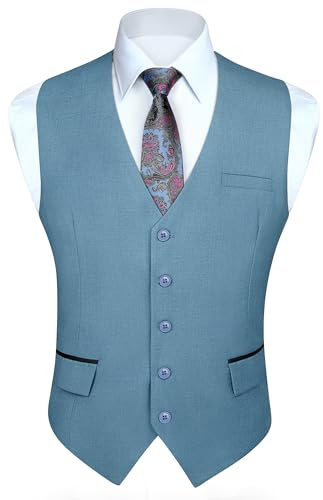 HISDERN Men's Steel Blue Waistcoats Formal Wedding Waistcoat Classic Business Party Tuxedo Suit Vest with Fashion Pockets Regular Fit L
