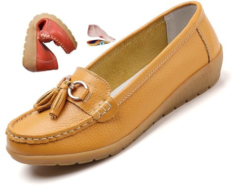ZPLMIDE Mocasines ortopédicos para mujer de cuero transpirable, mocasines de cuero de ajuste ancho, mocasines clásicos con tacón de cuña, mocasines casuales sin cordones, zapatos de senderismo