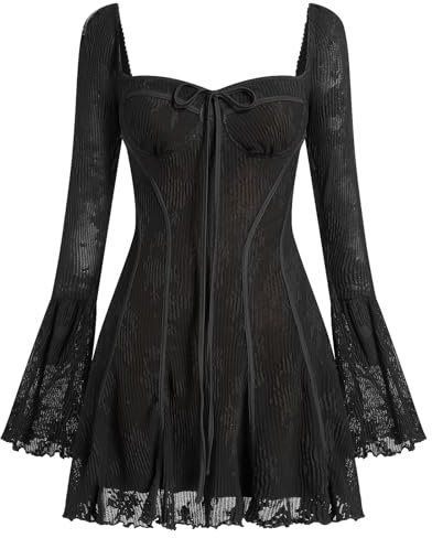 IBAKOM Women's Sexy Mini Dress Vintage Long Bell Sleeve Corset Dress Floral Lace Ruffle A Line Flowy Party Dress Black L