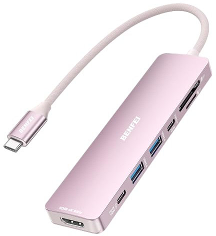 BENFEI 7-in-1 Hub USB C con HDMI 4K@60Hz, 2 USB-A, 1 USB-C dati, carica da 100W, lettore di schede SD/TF [cavo anti-groviglio in silicone] per MacBook Pro/Air, iPad Pro, iMac, iPhone 15 Pro/Pro Max