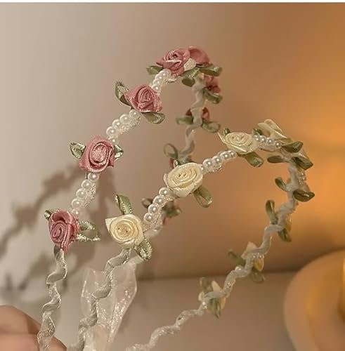 JAONLD 2 Stücke Blumenkranz Haare Oktoberfest Blumenkranz Haare mit Perlen und Rosen,Haarreifen Blumen Haarschmuck Oktoberfest Damen für Festivals,Partys,Hochzeiten,Strände