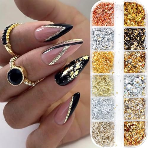Yamobi Feuille d'or à ongles avec paillettes, 12 boîtes, pour nail art fait maison et poudre, décorations pour manucure fait maison