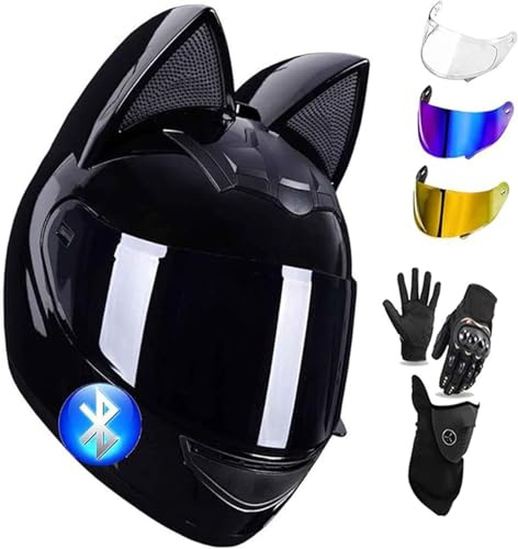 Casco Integral Para Motocicleta, Casco De Motocicleta Con Orejas De Gato Y Bluetooth Con Certificación ECE, Con Visera Negra Para Mujeres Y Hombres D,L/(57~58cm)