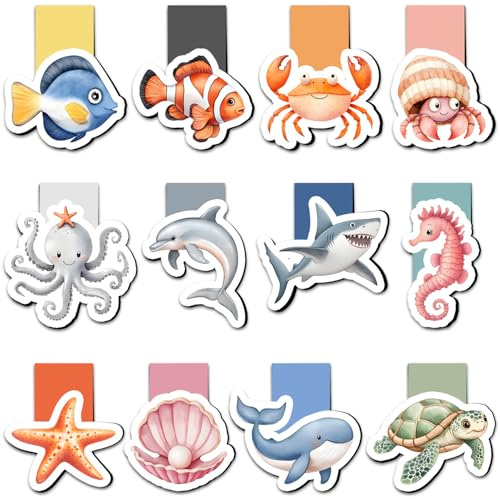 Tixlux 12 Pcs Magnetic Bookmark, Party Bag Fillers for Kids, Magnet Book Marks for Children Women, Book Accessories for Reading Lovers Teacher Students Ocean Fans, School Stationery Supplies