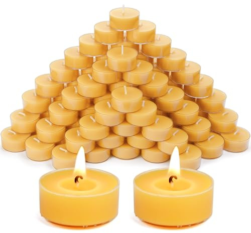 DEYBBY Natural Beeswax Tea Candles 90 Pack, Small Handmade Beeswax Tea Candles Bulk, Tealights in Clear Cup, Great for Home Decoration