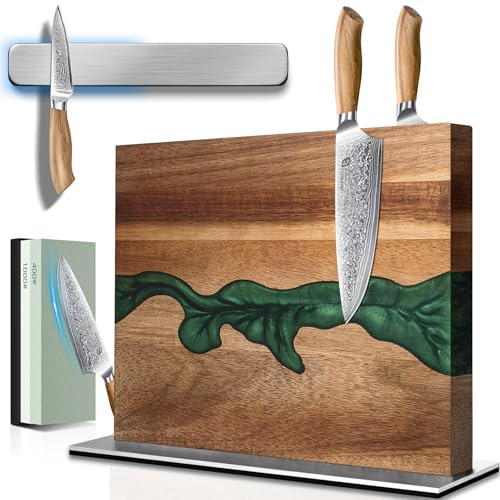Magnetic Knife Block with Sharpening Stone and Stainless Steel Magnetic Knife Strip, Emojoy Double Side Magnetic Knife Holder, Acacia Wood Knife Block and Green Resin