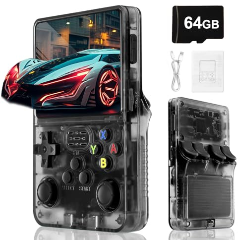 Blidinner Console di gioco portatile R36S - Linux open source, batteria a lunga durata da 3000 mAh, 3,5 pollici, scheda TF da 64 GB, oltre 20.000 giochi classici, console portatile per adulti (nero)