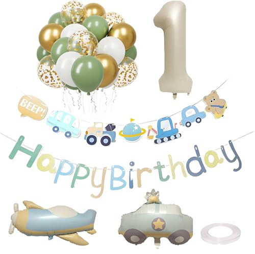Set med 25 st födelsedagsdekoration, 1 år, luftballong, 1. Födelsedagsdekoration med ballonger, bilar och flygplansballonger, banderoll – siffror, ballonger, dekoration, barnfödelsedag, dekoration 1