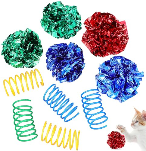 FIXOSHEE Ensemble de Jouets pour Chat à Balles Froissées et Jouets à Ressorts Interactifs, 10 Pièces Colorées, Plastique Résistant, Jeu Intérieur, Chatons et Chats Adultes