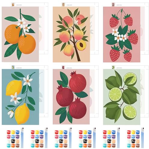 NAIMOER 6 Pack Fruit Theme Paint by Numbers Kits for Adults, DIY Painting by Numbers for Adults Kids Lemon Strawberry, Easy Painting on Canvas Arts Gifts for Home Decor 20x30cm