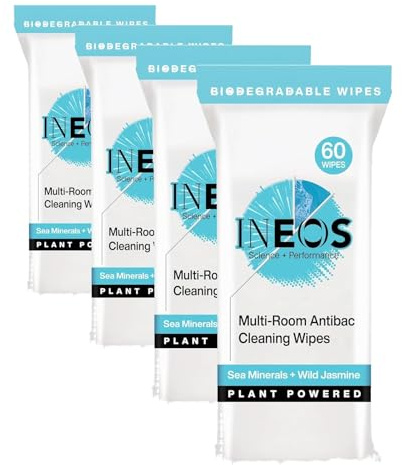 INEOS Next-Gen Antibac Multi-Room Disinfectant Biodegradable 60 Wipes, Sea Minerals + Wild Jasmine, Kills 99.9% of Bacteria + Viruses, Plant Powered, Packaging May Vary (Pack of 4)