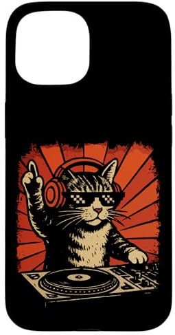 Custodia per iPhone 15 Divertente DJ Cat Disco Sound Tech Music Art con cuffie