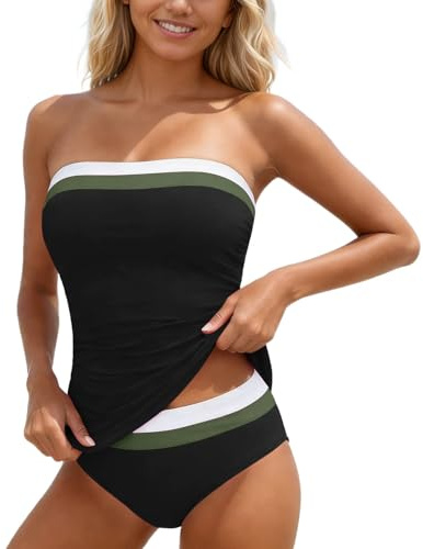 Tankini Traje de Baño para Mujer Dos Piezas Push Up Conjunto de Bañador Bandeau Top Tirantes Ajustables Desmontables Tankinis Vientre Plano Trajes de Baño 2 Piezas