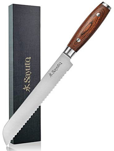 Sayuto - Couteau à Pain Design Japonais Pakka X50 Lame en Acier Inoxydable Allemand 20cm Manche en Bois Pakka - Coffret Cadeau Inclus