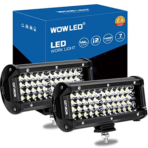 WOWLED Spot Work Lights, 2Pcs 7 4 Rows LED 14400LM 6000K Waterproof Off Road Driving Lights for Camp Trucks 12V 24V