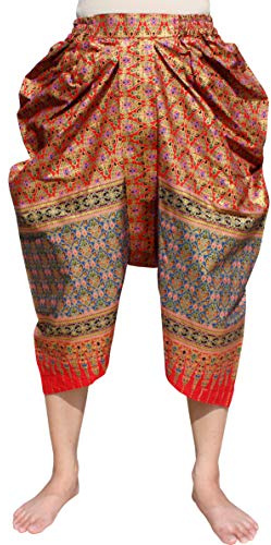 RaanPahMuang Sukhothai Traditional Mixed Fabric JonGrabaen Thai Pants, Small-Medium, Cotton - Fresh Red
