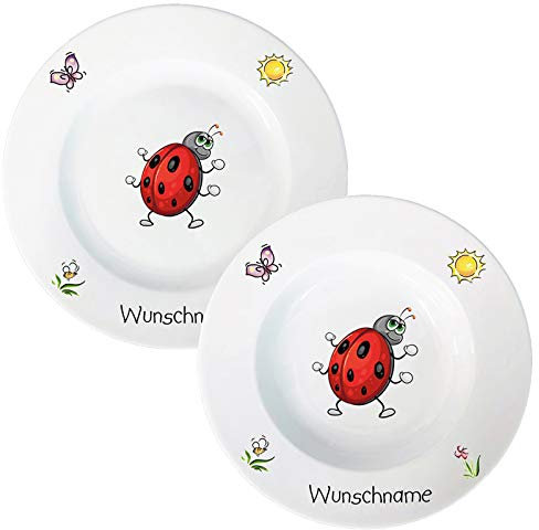Kindergeschirr Tiere Speiseservice 2-tlg. Suppenteller und Speiseteller Marienkäfer Kinder Service Set aus Porzellan personalisierbar mit Wunschname Name Kindergeschirr mit Namen personalisiert