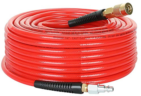 Hromee 1/4-Inch x 100 Feet Polyurethane Air Hose with Bend Restrictors PU Compressor Hose with 1/4 Industrial Quick Coupler and Plug Kit, Red