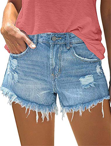 onlypuff Ripped Denim Shorts for Women Jean Shorts Mid Rise Hot Summer Blue M