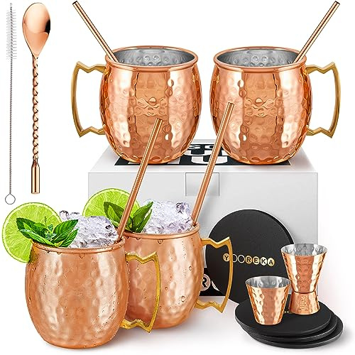 Yooreka Gift Set Moscow Mule Mugs Set of 4 16 oz Copper Plated Stainless Steel 4 Straws 4 Coasters Jigger Shot Glass Stirring Spoon, Cleaning Brush