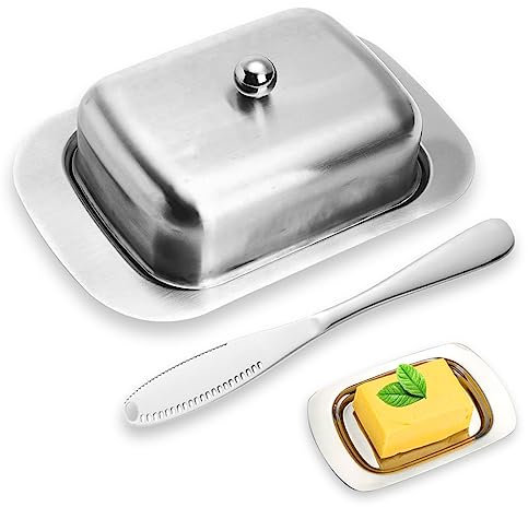 Burriera in Acciaio Inox, Portaburro con Coltello da Burro, Porta Burro, Contenitore Per Burro, Porta Burro Frigorifero(18.5 x 12.2 x 6.8 cm)
