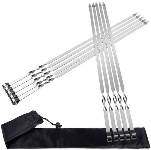 AWCIGG® Spiedini per Barbecue, 10 Pezzi Spiedini Grigliati in Acciaio Inox, 55 cm Extra Lunghi, Riutilizzabili, Spiedini Piatti in Metallo per Barbecue con Borsa