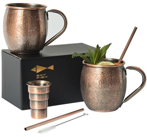 SKY FISH Moscow Mule Becher 2er Set, 3D Geprägte Cocktailgläser, 500 ml Edelstahl Weingläser, Handwäsche, Jahrgang Kupfer Oberfläche