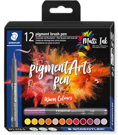 STAEDTLER brush pen pigment Arts, Premium-Zeichentusche, Pinselspitze für variable Linienbreite, wasserfest, schnelltrocknend, 12 brush pens in sortierten Farben im Kartonetui, 371 C12-5